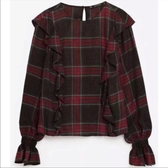 ✨NWT Zara Gray Red Plaid Flannel Long Sleeve Ruffle Trim Blouse Top Size XS - Picture 11 of 11